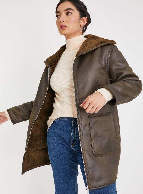 Brown Faux Leather Aviator Coat M