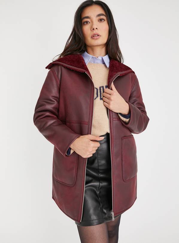Berry Red Faux Leather Aviator Coat S