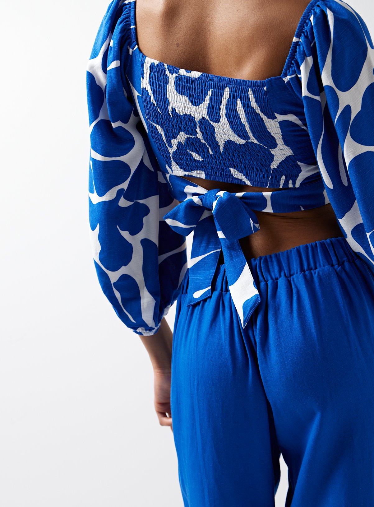 For All The Love Blue Printed Linen Balloon Sleeve Coord Crop Top  16 - Image 2 thumbnail