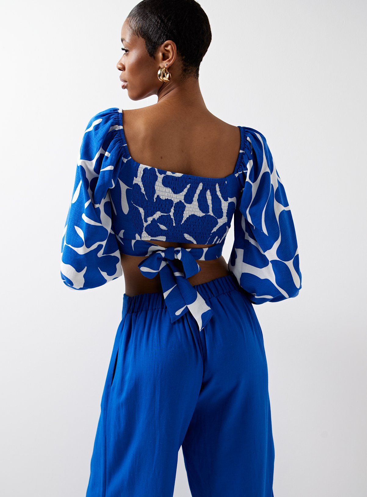 For All The Love Blue Printed Linen Balloon Sleeve Coord Crop Top  16 - Image 3 thumbnail