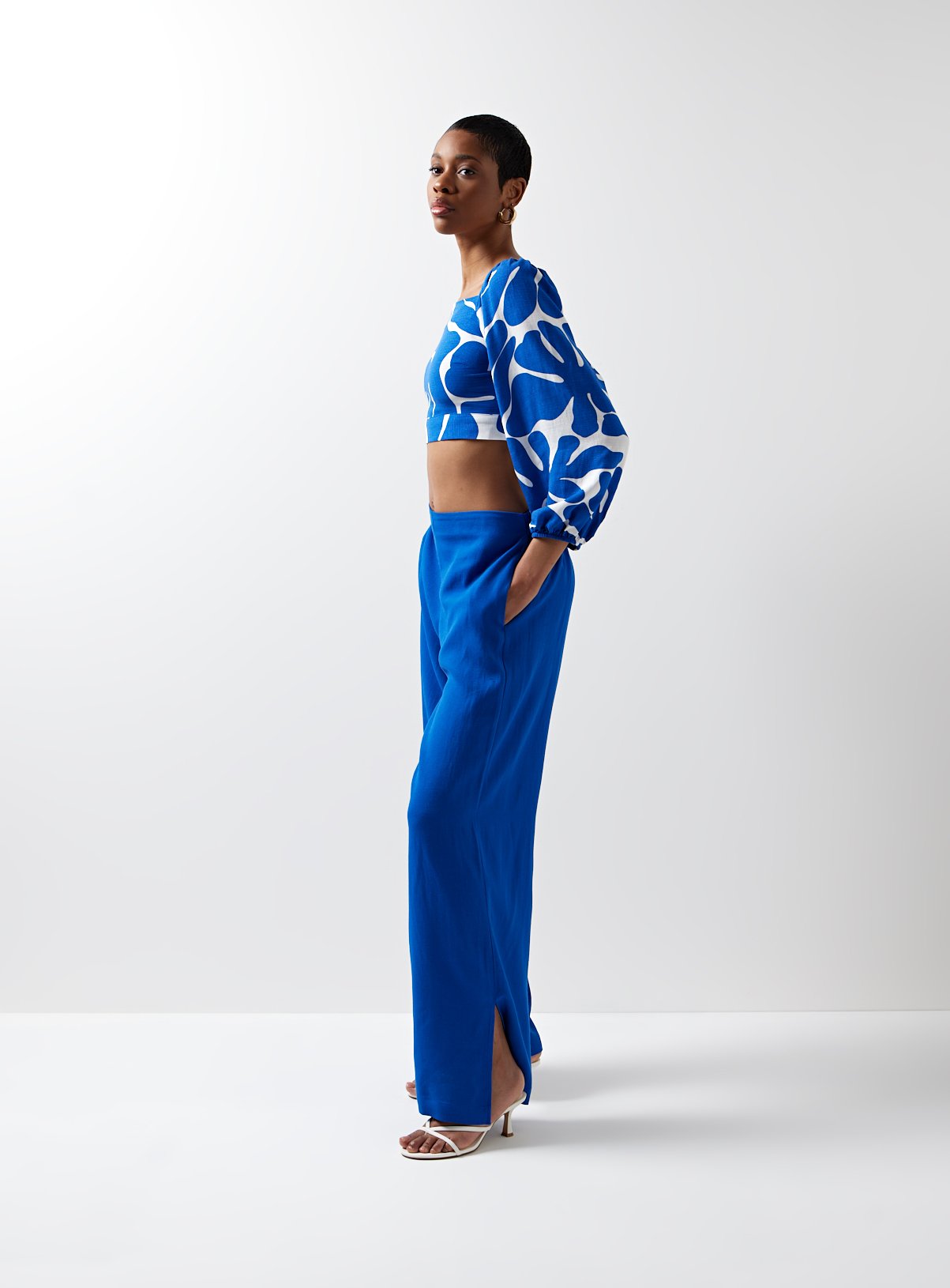 For All The Love Blue Printed Linen Balloon Sleeve Coord Crop Top  16 - Image 4 thumbnail