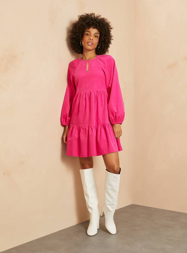 EVERBELLE Pink High Neck Short Corduroy Tiered  Dress 16