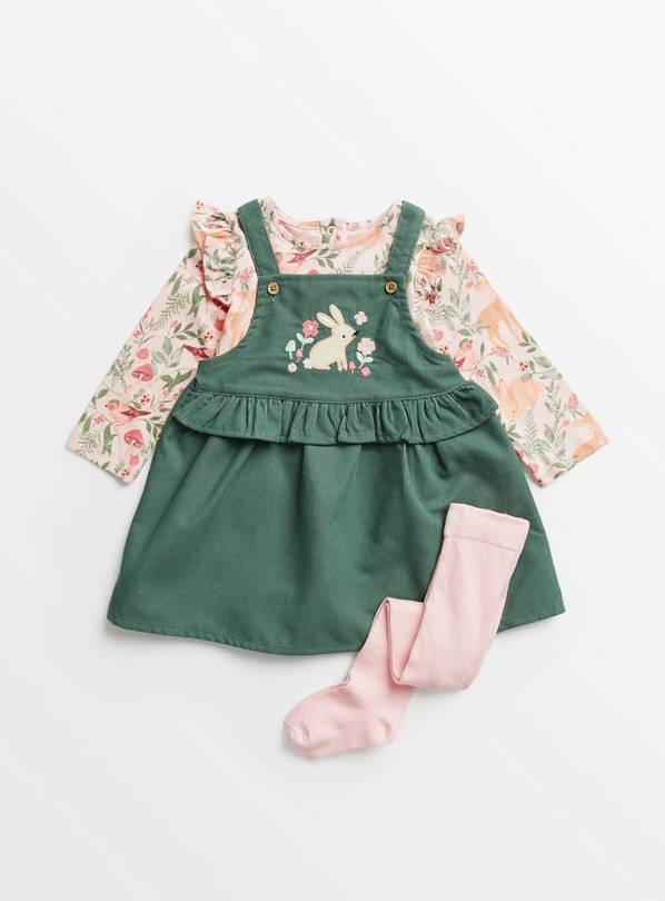 Green Cord Pinafore, Bodysuit & Tights 9-12 months
