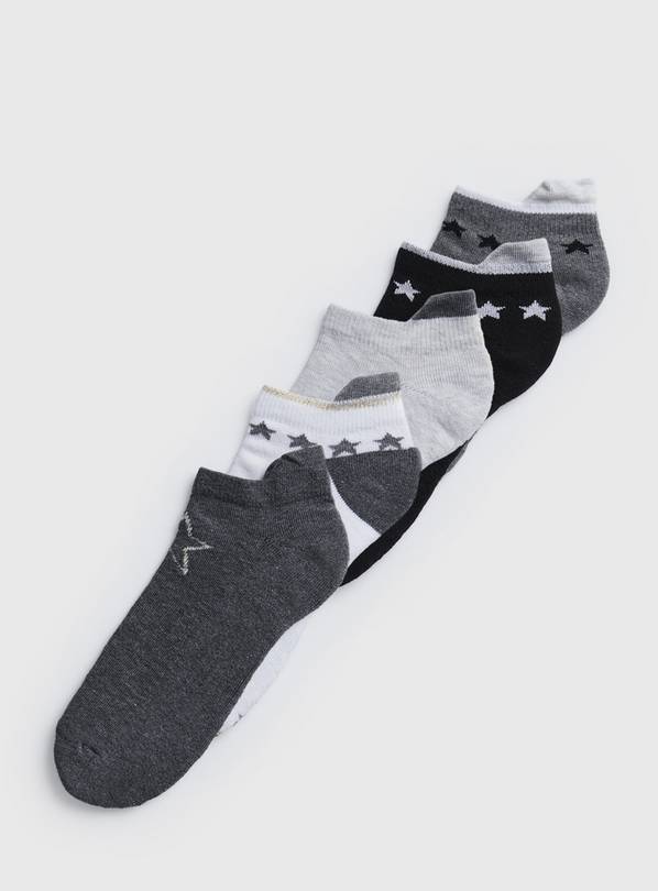 Grey & White Star Trainer Socks 5 Pack 4-8