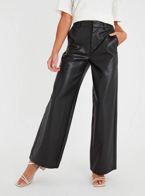 Buy Black Faux Leather Wide Leg Trousers 16, Trousers