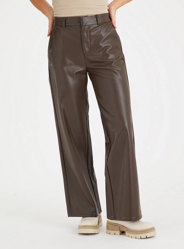 Buy Sosandar Brown Faux Leather Cropped Wide Leg Trousers from