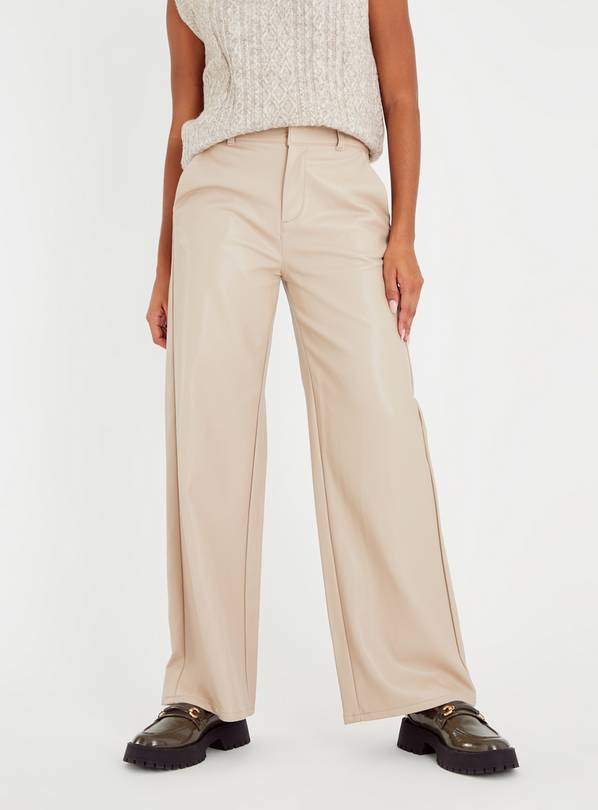 Beige Faux Leather Wide Leg Trousers 14