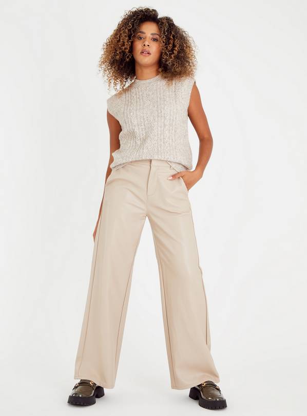 Buy Beige Faux Leather Wide Leg Trousers 18, Trousers