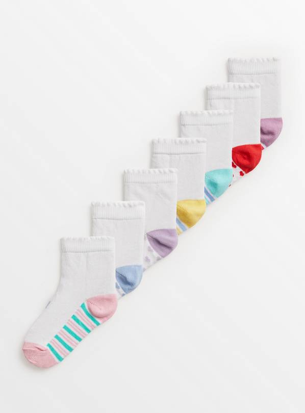 White Stripe & Heart Footbed Socks 7 Pack 12.5-3.5