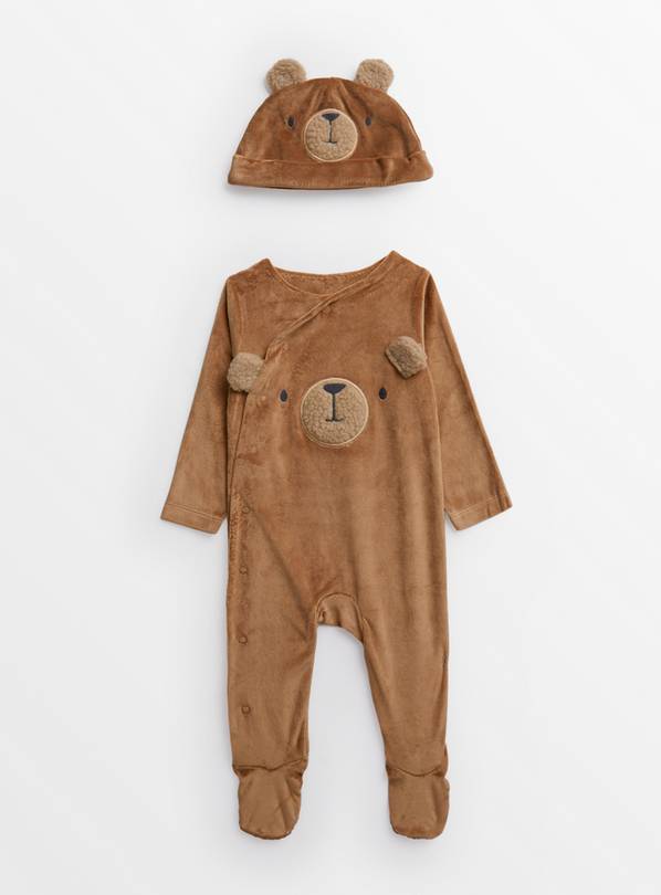 Brown Bear Velour Sleepsuit & Hat 3-6 months