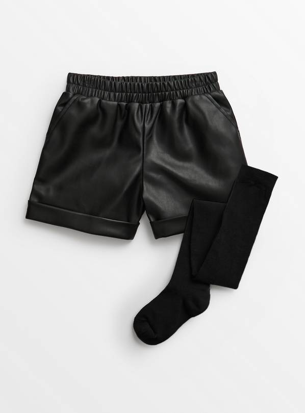 Black Faux Leather Shorts & Tights Set 12 years