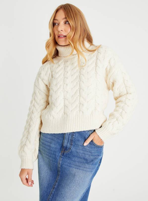Cream Cropped Roll Neck Cable Knit Jumper 20