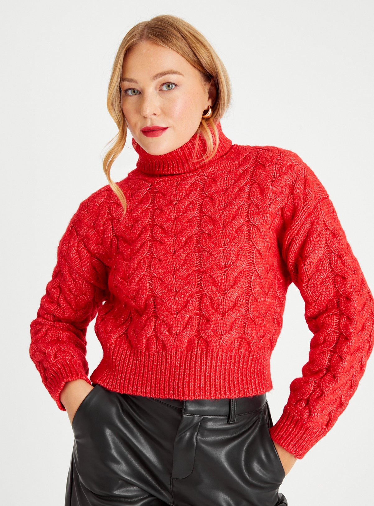 Red Cropped Roll Neck Cable Knit Jumper 12 - Image 1 thumbnail