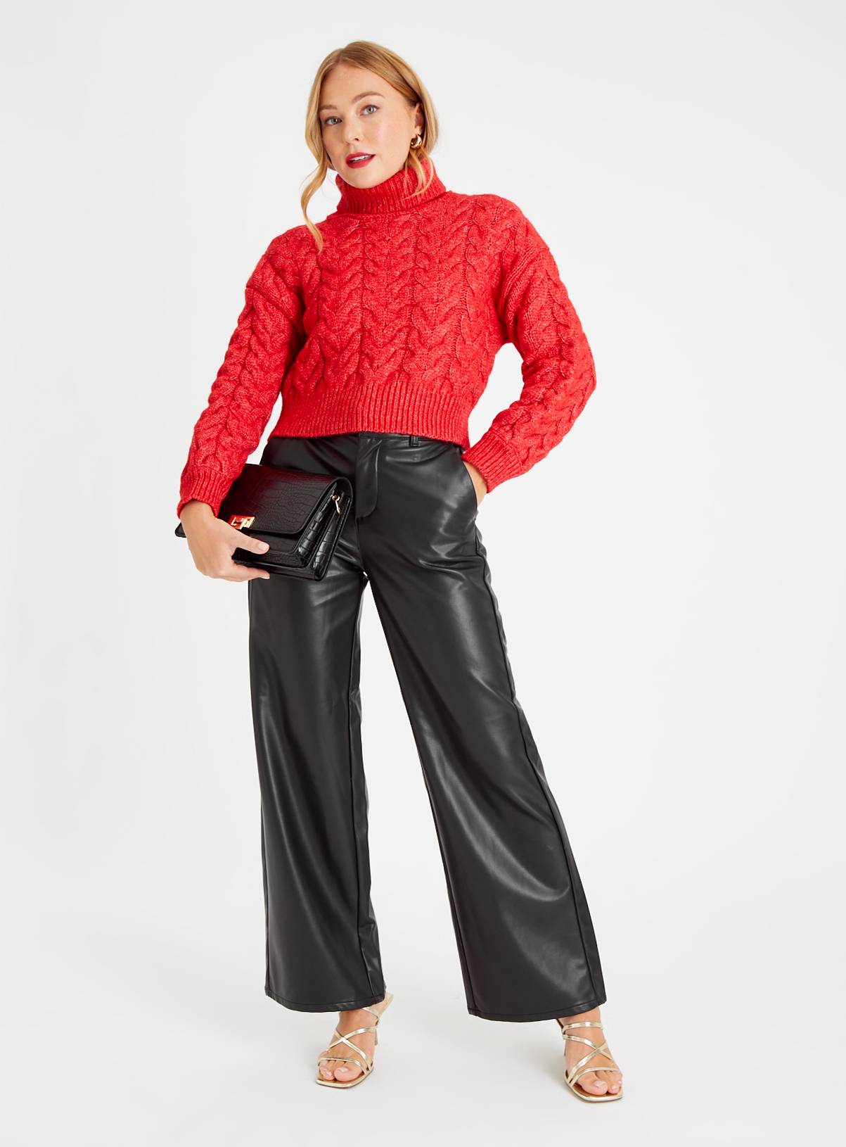 Red Cropped Roll Neck Cable Knit Jumper 12 - Image 2