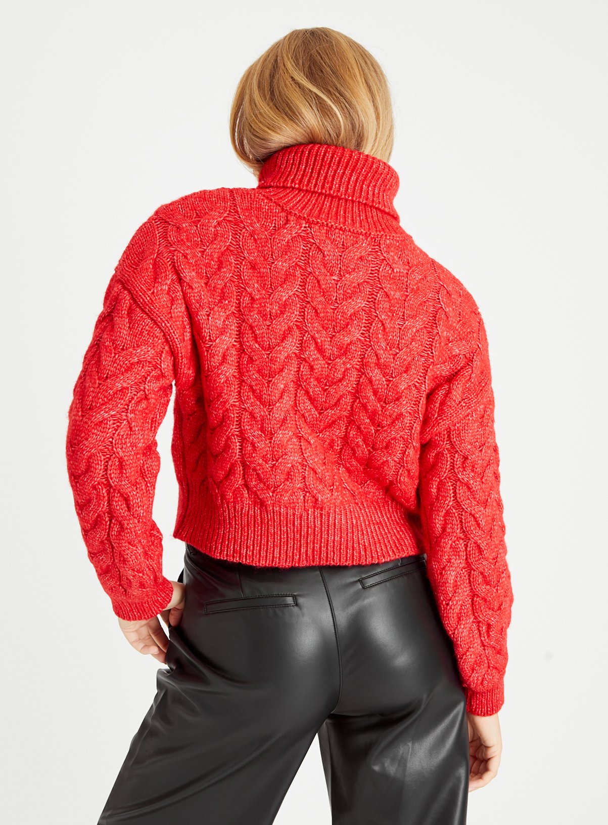 Red Cropped Roll Neck Cable Knit Jumper 12 - Image 4 thumbnail