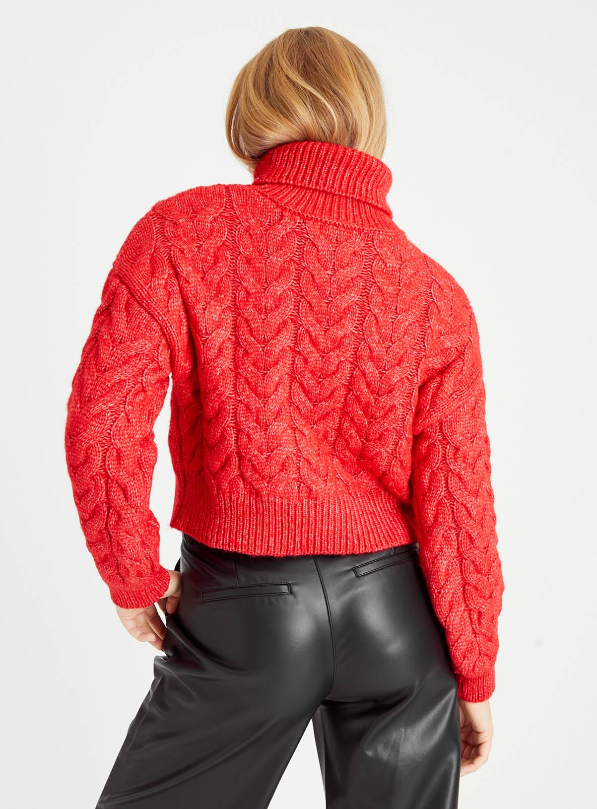 Red Cropped Roll Neck Cable Knit Jumper 12 - Image 4