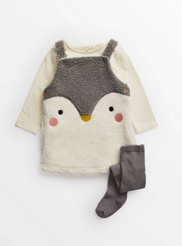 Cream Borg Penguin Pinafore Set  9-12 months