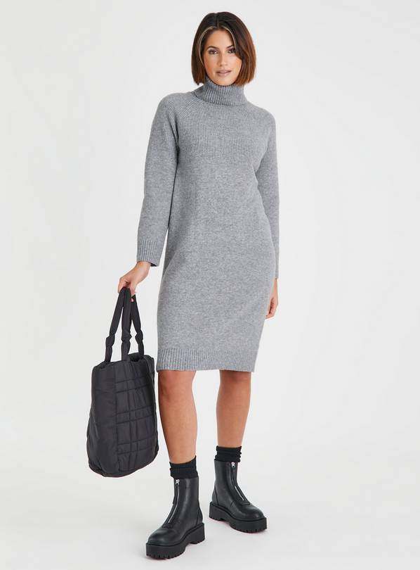 Grey Roll Neck Rib Knitted Jumper Dress