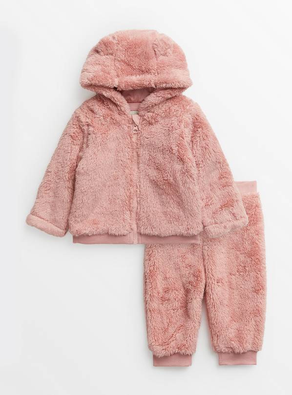 Pink Faux Fur Jacket & Joggers  3-6 months