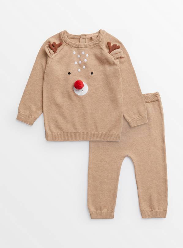 Beige Christmas Reindeer Knitted Jumper & Bottoms Up to 3 mths