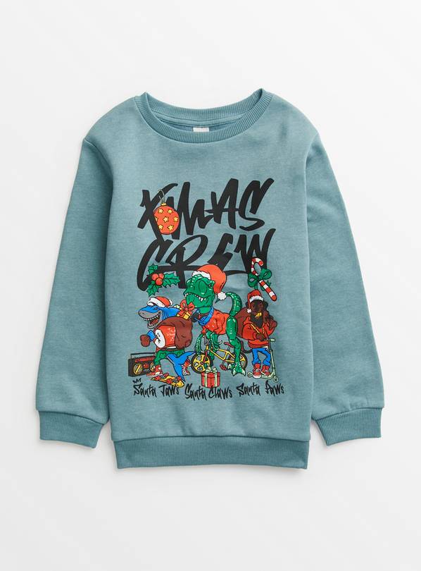 Blue Dino Print Christmas Sweatshirt 4 years