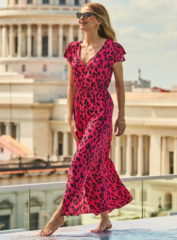 Buy SOSANDAR Pink Animal Leopard Print Split Beach Maxi Dress