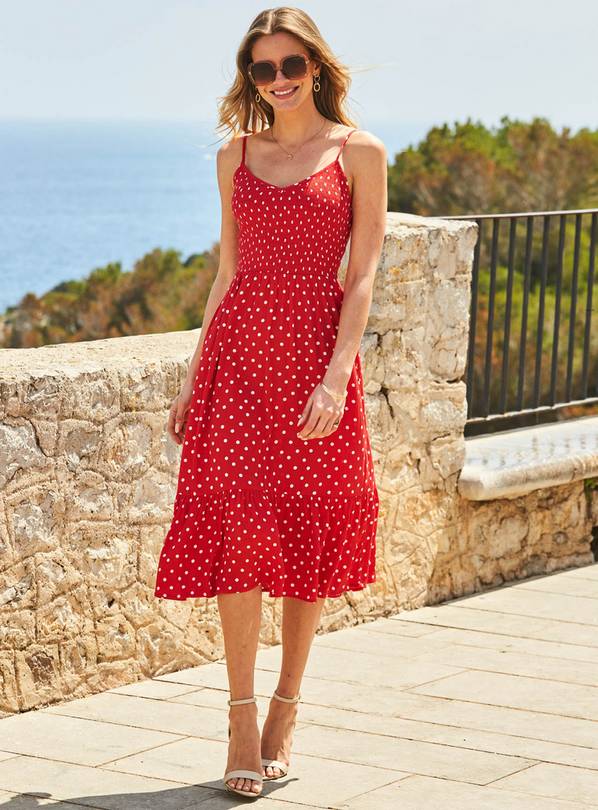 SOSANDAR Red Spot Strappy Shirred Bodice Dress 16