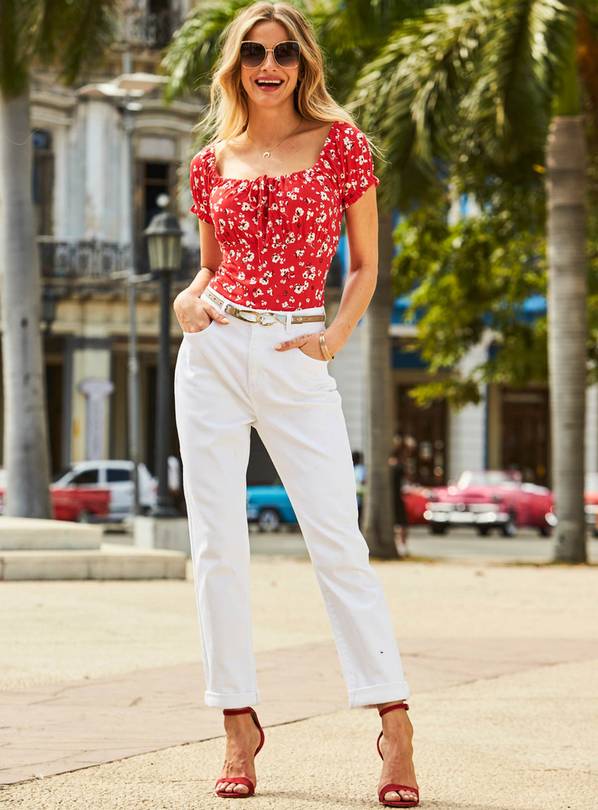 White polka dot store jeans