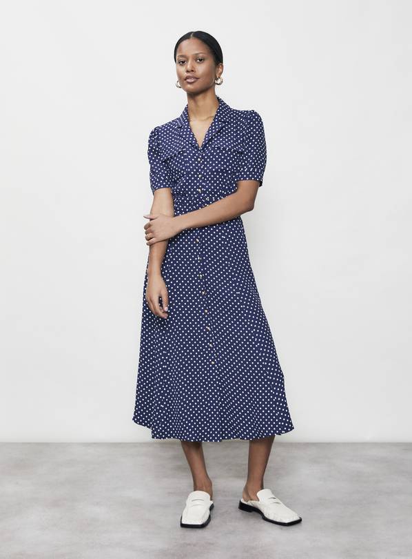 Buy FINERY Zara Navy Spot Midi Dress - 12 | Dresses | Argos