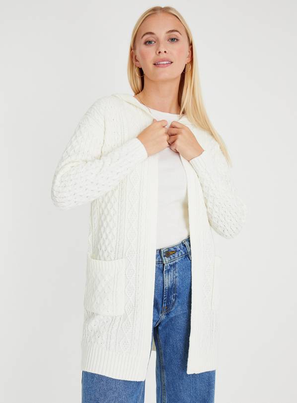 Long hooded clearance cable knit cardigan