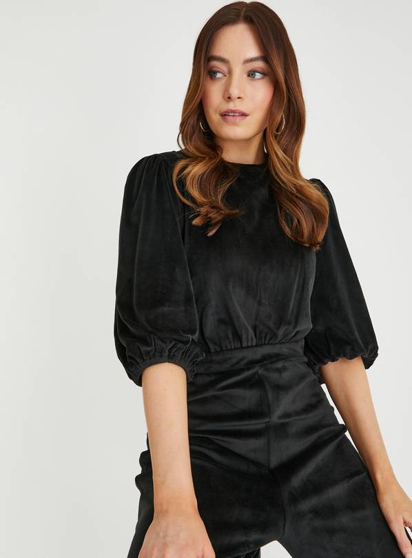 Black velvet jumpsuit long hot sale sleeve