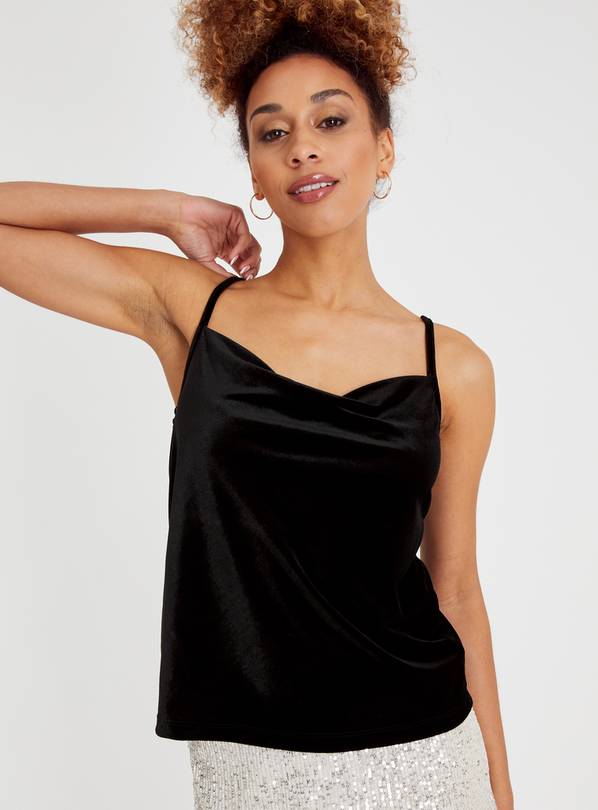 VELVET COWL NECK CAMISOLE IN BLACK