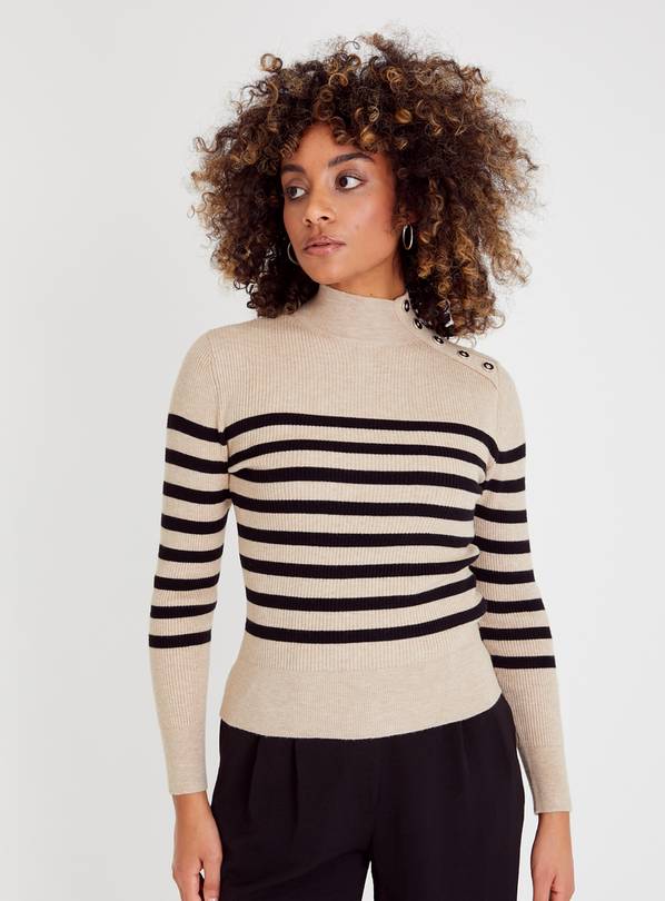 Oatmeal Stripe Button Turtle Neck Jumper  22