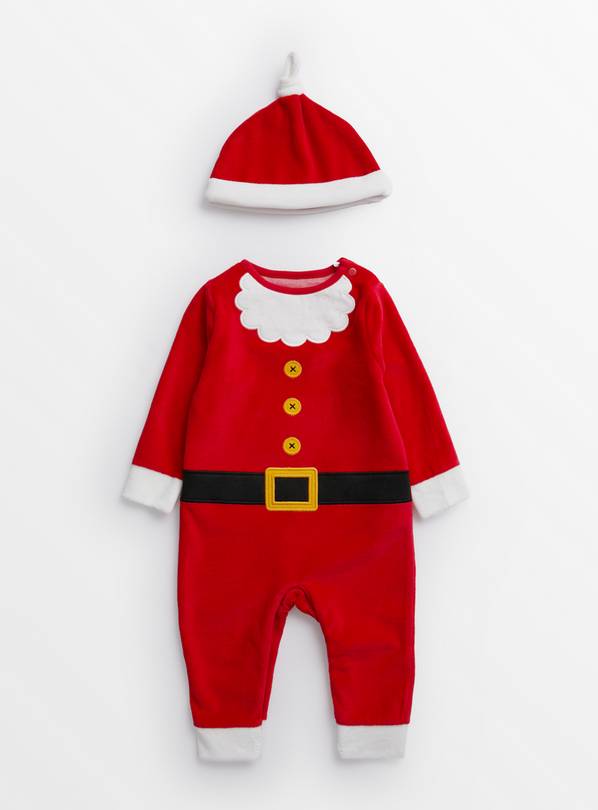 Christmas Santa Velour Sleepsuit & Hat 6-9 months