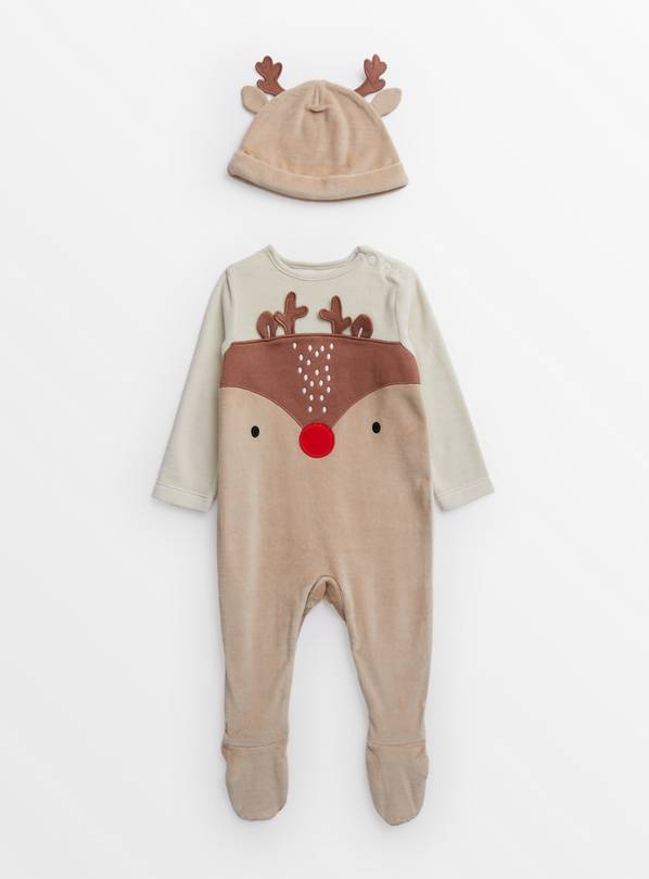 Christmas Reindeer Velour Sleepsuit & Hat Newborn