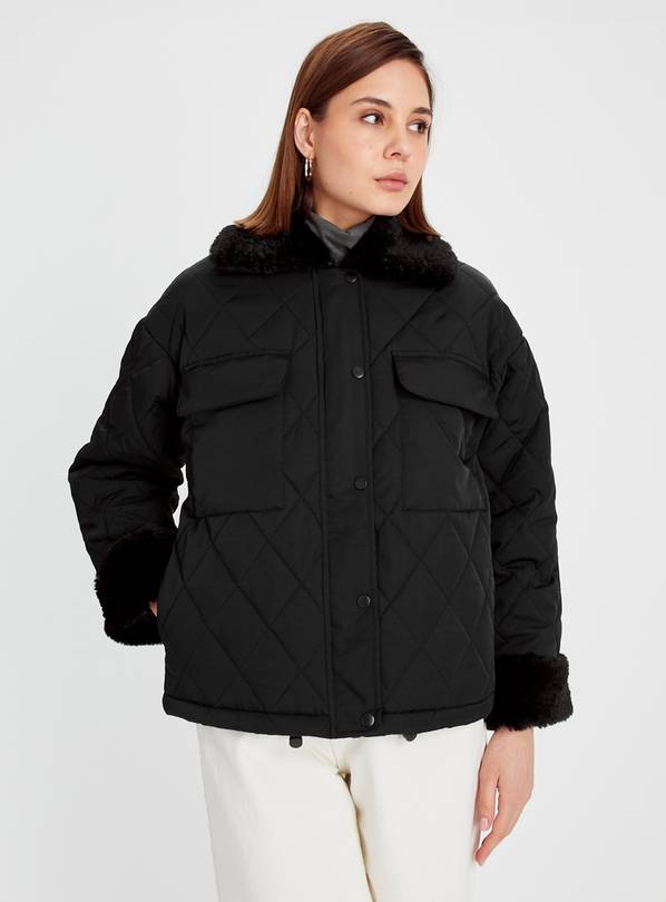 Black Quilted Faux Fur Cuff Short Coat 18