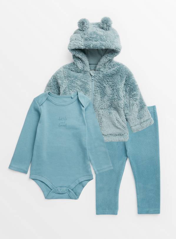 Blue Fluffy Jacket, Bodysuit & Leggings Set 6-9 months