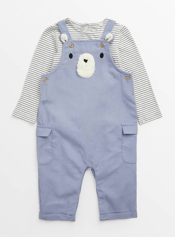 Blue Cord Bear Face Dungaree 2 Piece Set Up to 3 mths