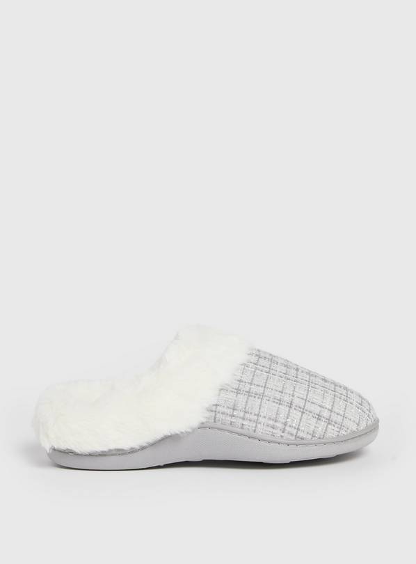 Grey Textured Faux Fur Mule Slippers S