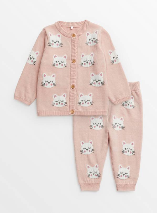 Pink Cat Knitted Cardigan & Leggings Set Up to 3 mths