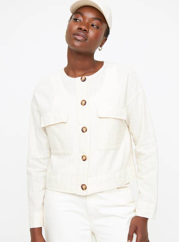 Cream Collarless Jacket With Linen 16