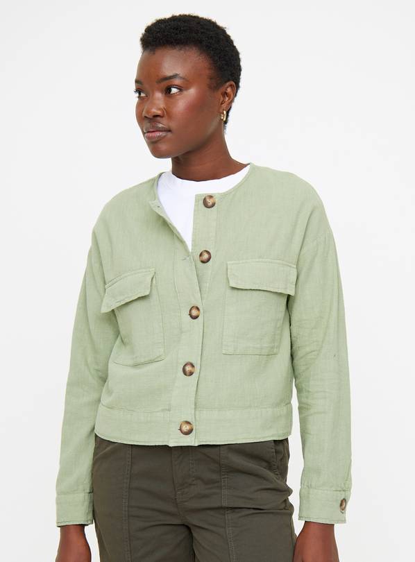 Pale Khaki Collarless Jacket With Linen 22