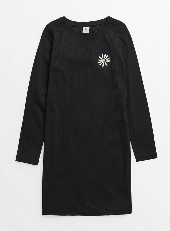 Black Daisy Ribbed Long Sleeve Dress 12 years