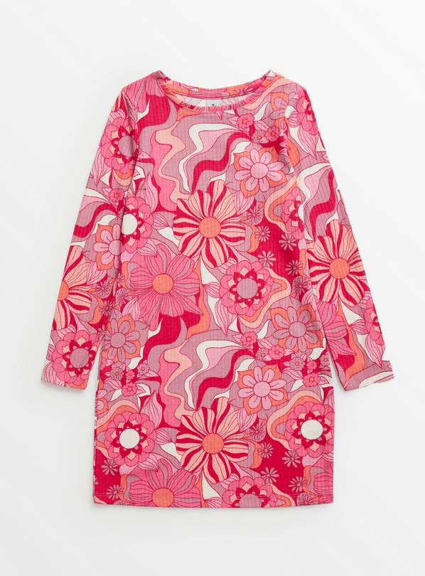 Bright Pink Floral Ribbed Dress 8 years