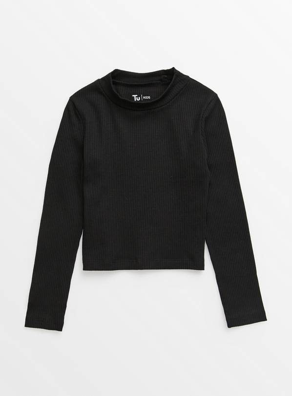 Black High Neck Long Sleeve Crop Top, Tops