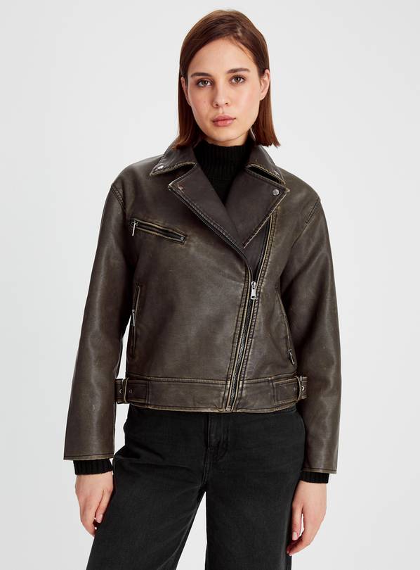 Khaki leather hotsell biker jacket