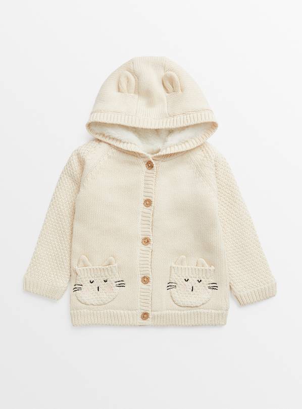 Cream Knitted Animal Pocket Fleece Lined Cardigan Up to 3 mths