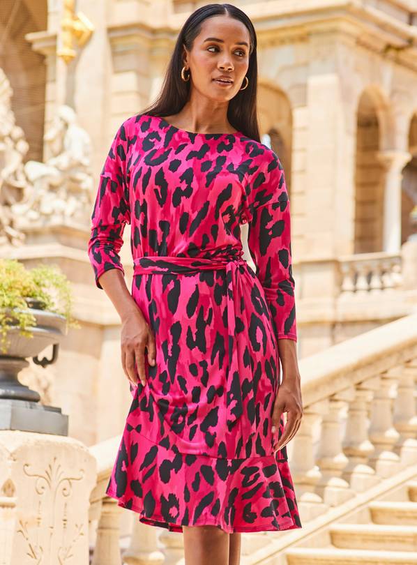 SOSANDAR Pink Leopard Ruffle Hem Belted Dress (Rotary Print) 16