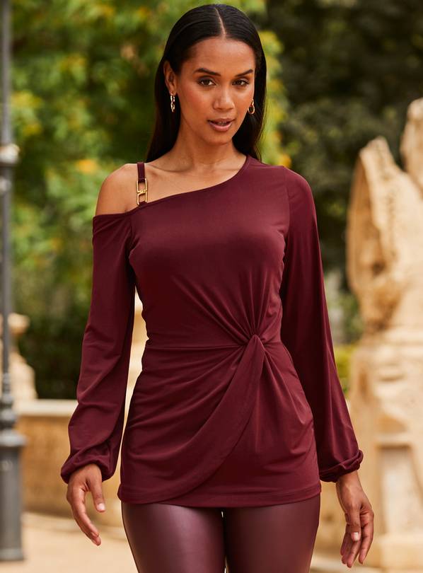 SOSANDAR Burgundy Chain Strap One Sleeve Knot Front Top 8