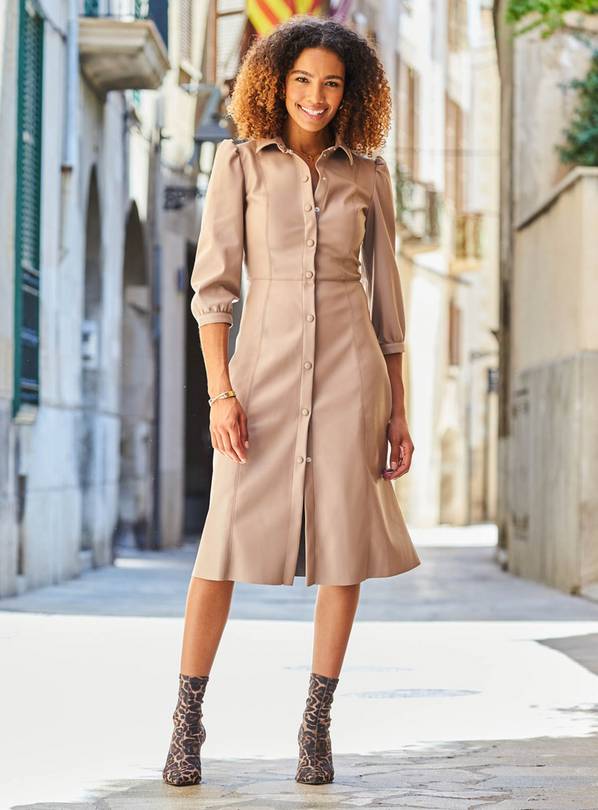 Sosandar Brown Faux Leather Fit & Flare Shirt Dress